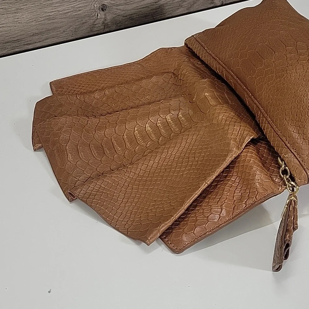 Henri Bendel Tan Snake Skin Embossed Leather Clutch Bag